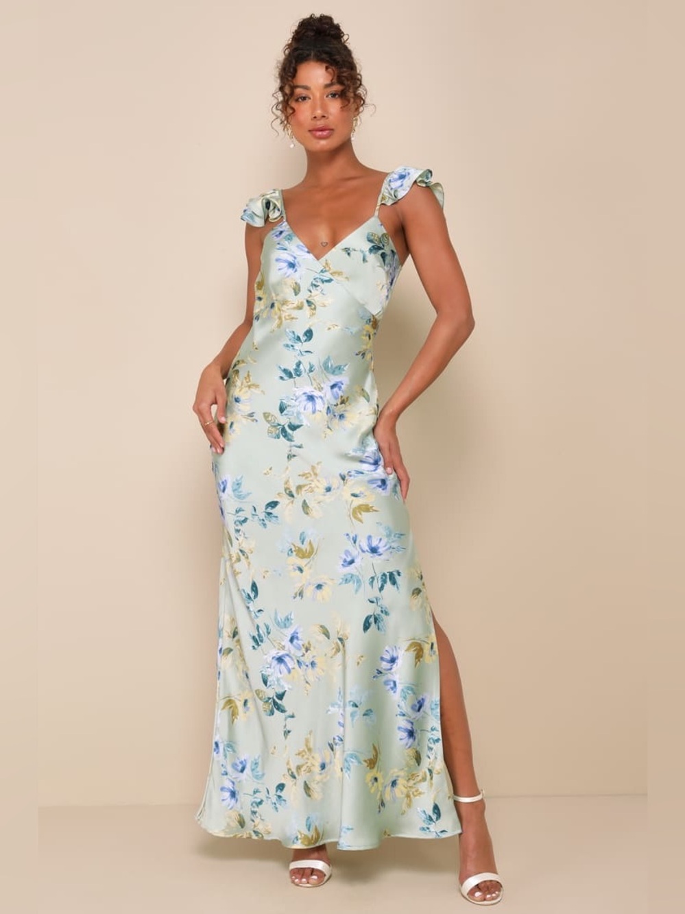 LULU’S Captivating Grace Sage Green Floral Satin Ruffled Maxi Dress - Picture 5 of 6